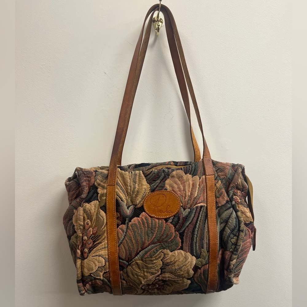 Rula Tapestry Floral Handbag | Leather Trim | Vintage Boho Cottagecore Tote